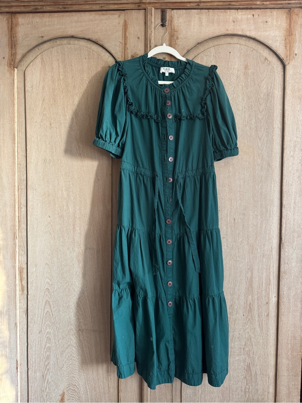 Sea NY Dark Green Button-Front 100% Cotton Ruffled Tiered Midi Dress